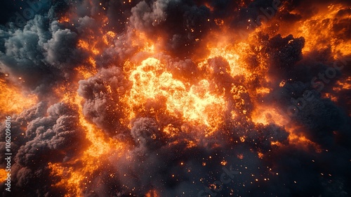 A fiery explosion with intense flames and billowing smoke fills the frame