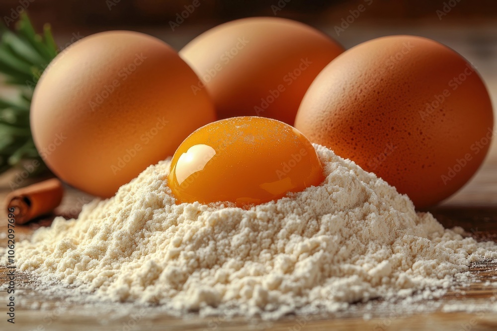Flour-Covered Eggs on Wooden Table Set-Up for Baking. Flour-Covered Eggs on Wooden Table Set-Up for Baking.