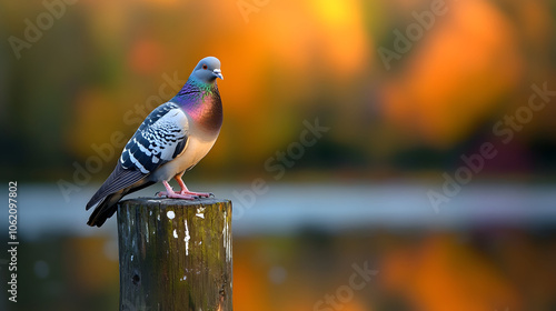 A Serene Old Dutch Capuchine Pigeon by a Tranquil Pond at Sunset photo