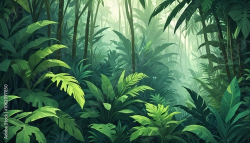 A seamless pattern of tropical fern leaves in various shades of green, creating a vibrant and lush background inspired by nature's foliage
