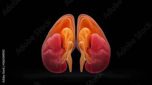 3D model of an inner ear structure with highlighted areas related to balance, Inner ear balance illustration, Anatomical and informative photo