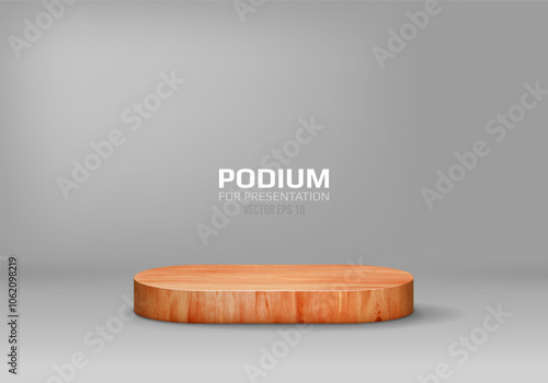 Wooden podium on light background. Empty pedestal for product presentation. Minimalist platform concept with wooden texture. Vector illustration.