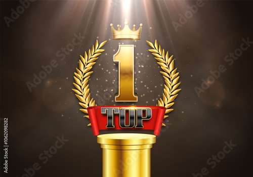 Top 1 award poster. Presentation on podium with golden crown and laurel wreath. Vector illustration.