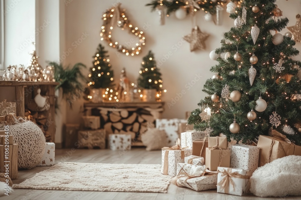 The interior of a rustic room decorated for New Year's Eve celebration, Cristmas theme The interior of a rustic room decorated for New Year's Eve celebration, Cristmas theme