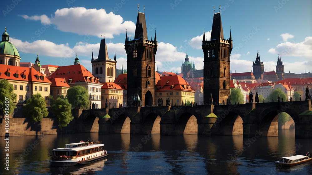 Fototapeta premium A boat is sailing down a river with a bridge in the background.