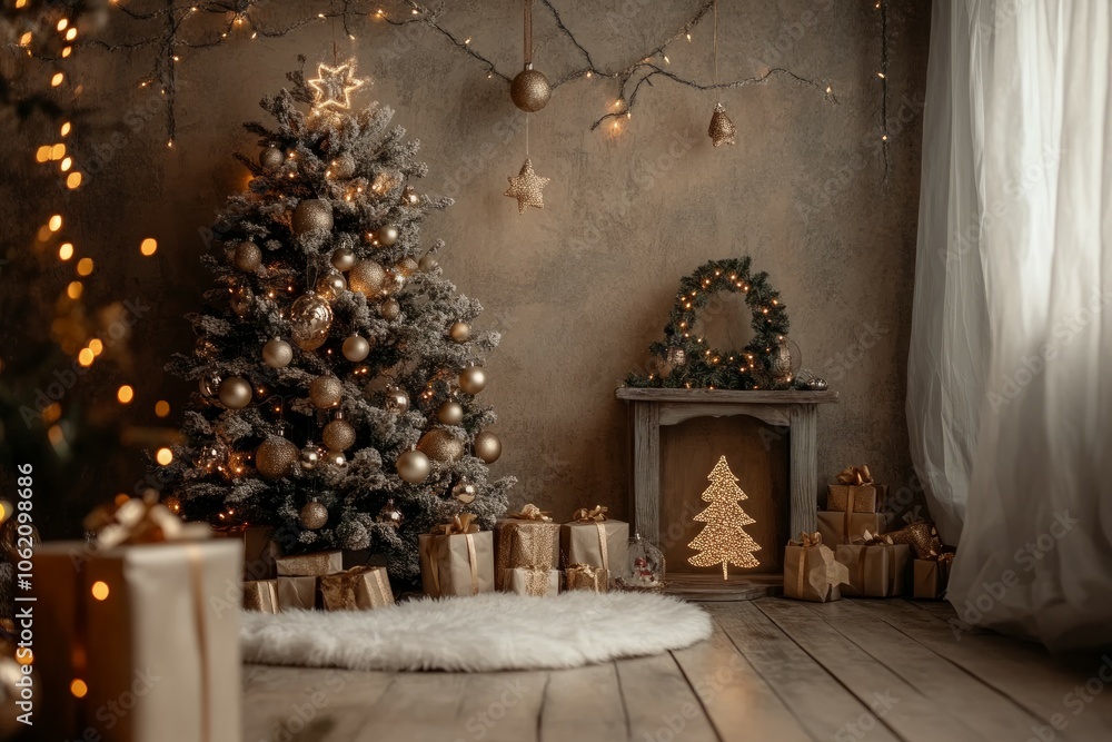 The interior of a rustic room decorated for New Year's Eve celebration, Cristmas theme The interior of a rustic room decorated for New Year's Eve celebration, Cristmas theme