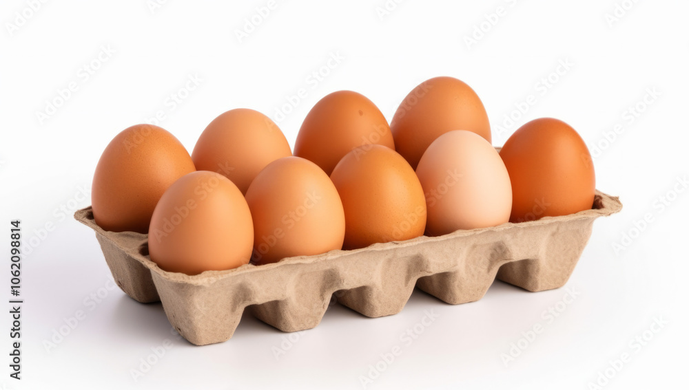 Fresh farm eggs displayed in a carton on a clean surface Fresh farm eggs displayed in a carton on a clean surface