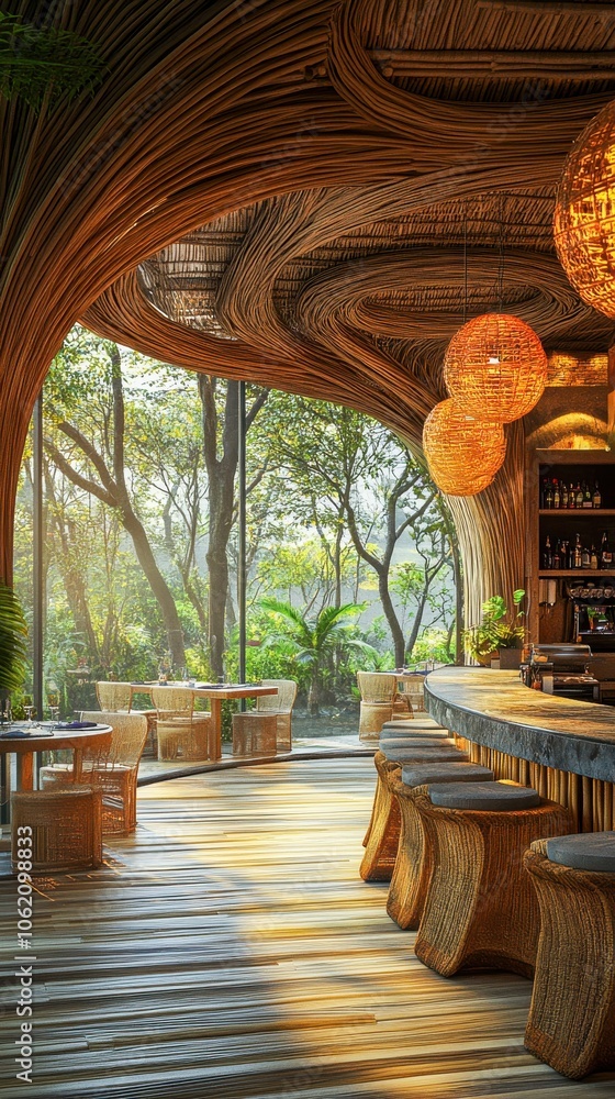 Fototapeta premium Tropical Restaurant Interior with Thatched Roofs and Natural Materials.