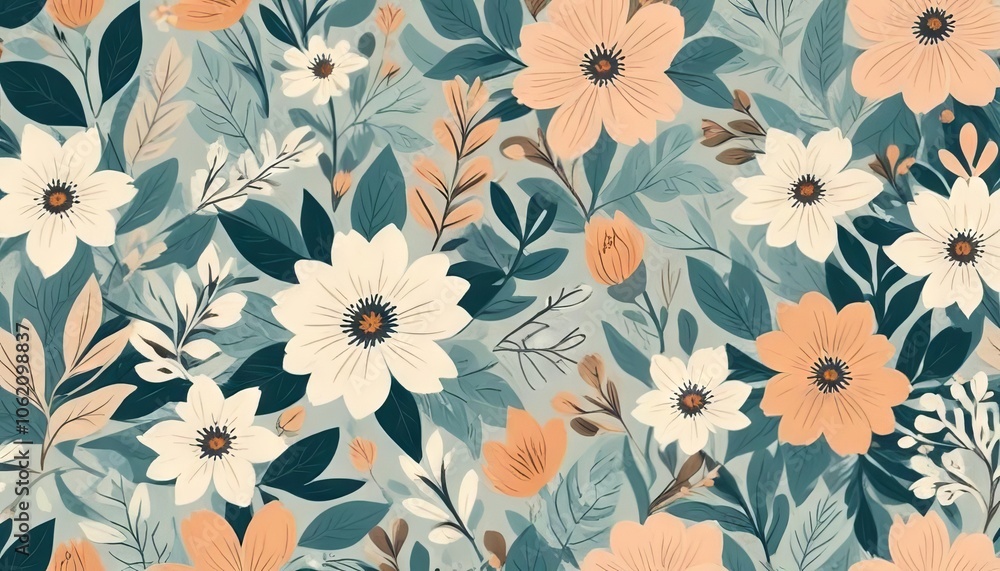 Floral Dream: A captivating seamless pattern of delicate flowers in soft peach, cream, and teal hues. Perfect for textile design, wallpaper, and more. Floral Dream: A captivating seamless pattern of delicate flowers in soft peach, cream, and teal hues. Perfect for textile design, wallpaper, and more.