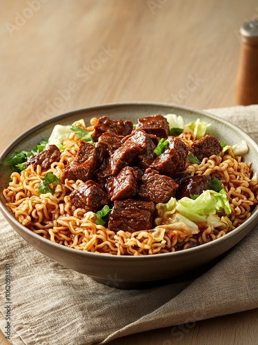 A bowl of braised beef instant noodles, chunks of beef, green cabbage leaves, coriander, placed on a light wood grain tabletop,generative ai