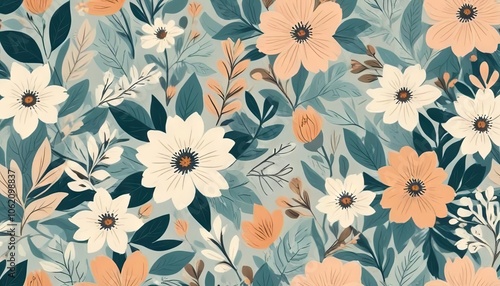 Floral Dream: A captivating seamless pattern of delicate flowers in soft peach, cream, and teal hues. Perfect for textile design, wallpaper, and more.