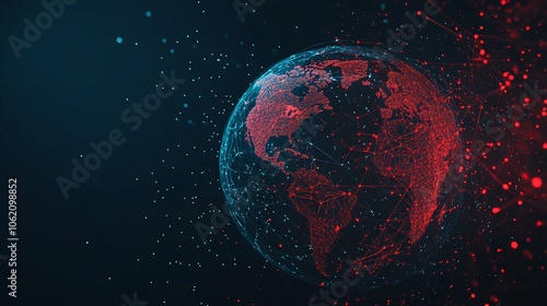 Abstract 3D Earth globe with red network connection lines and blue digital dots in dark blue background.