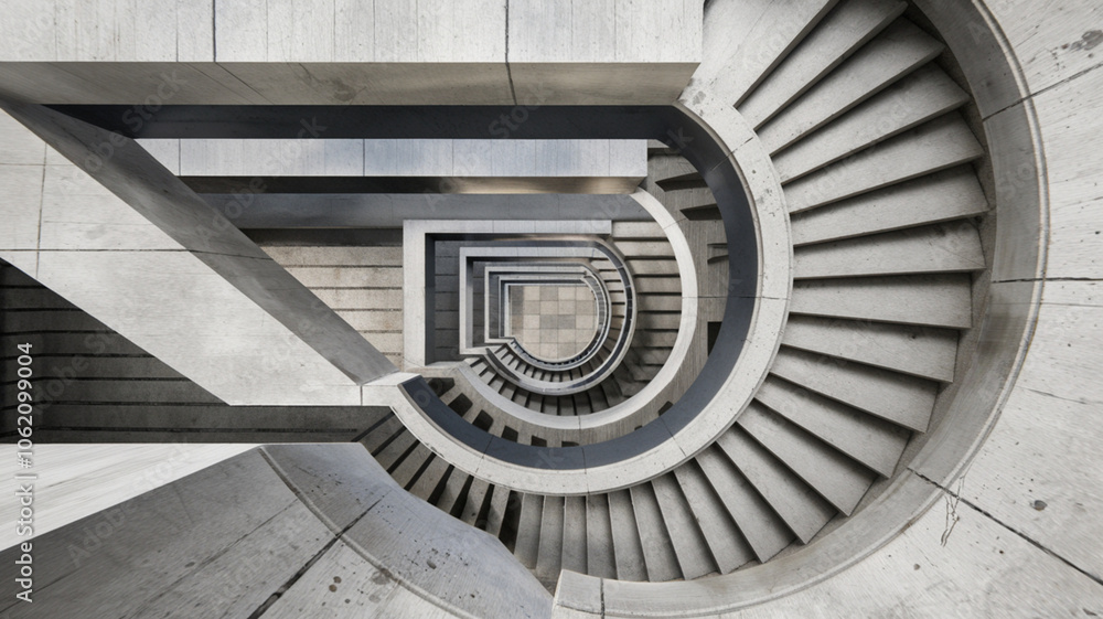 Fototapeta premium Brutalist Building with Heavy Concrete Spiral Staircase and Rectangular Geometry in Soft Light