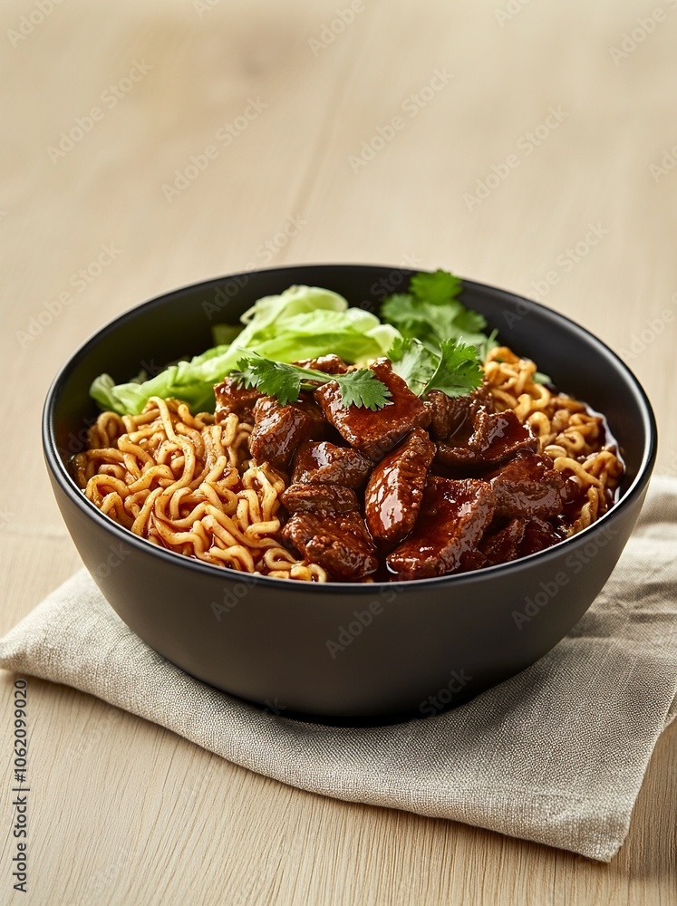 A bowl of braised beef instant noodles, chunks of beef, green cabbage leaves, coriander, placed on a light wood grain tabletop,generative ai A bowl of braised beef instant noodles, chunks of beef, green cabbage leaves, coriander, placed on a light wood grain tabletop,generative ai