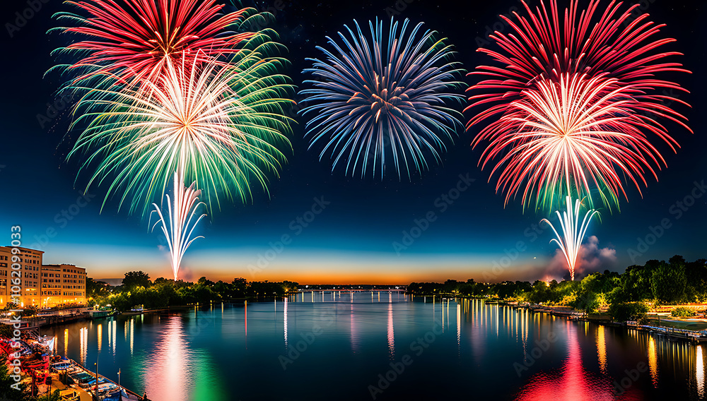 Fototapeta premium a vibrant cityscape photograph featuring a nighttime skyline with a series of large, colorful fireworks exploding in the sky. The fireworks display a range of colors,