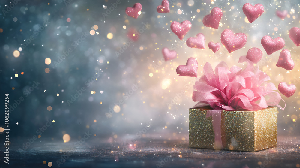 Fototapeta premium Festively wrapped gift box with pink ribbons and floating hearts on a shimmering background