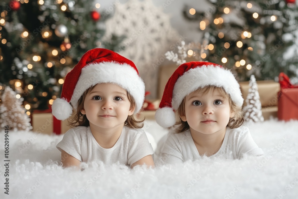 Two cute kids wearing red New Year hats, whole house decorated on Christmas day, gift boxes, happy new year concept Two cute kids wearing red New Year hats, whole house decorated on Christmas day, gift boxes, happy new year concept