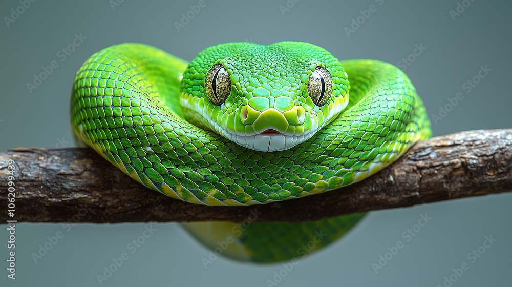 A striking green tree snake coils comfortably on a branch, showcasing its vivid scales while surrounded by a tranquil forest habitat in natural light. A striking green tree snake coils comfortably on a branch, showcasing its vivid scales while surrounded by a tranquil forest habitat in natural light.