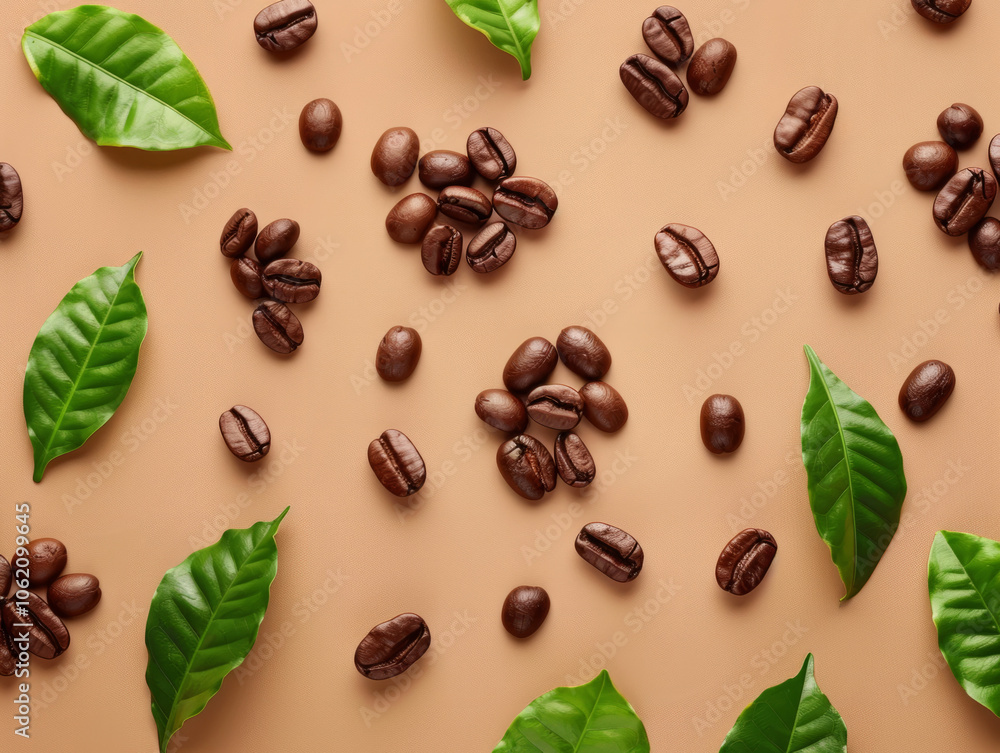 Coffee beans and fresh green leaves arranged on a textured background Coffee beans and fresh green leaves arranged on a textured background