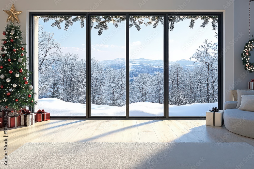 Fototapeta premium Living room with snowy view, holiday decorations on large windows, 3D illustration
