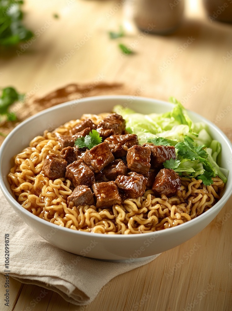 A bowl of braised beef instant noodles, chunks of beef, green cabbage leaves, coriander, placed on a light wood grain tabletop,generative ai A bowl of braised beef instant noodles, chunks of beef, green cabbage leaves, coriander, placed on a light wood grain tabletop,generative ai