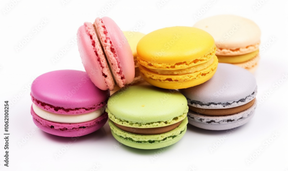 Colorful macarons stacked together on a white background, showcasing flavors Colorful macarons stacked together on a white background, showcasing flavors