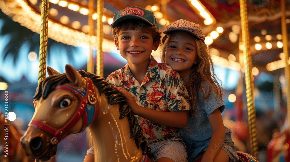 Fototapeta premium A Boy and A Girl on the carousel horses, one wearing a Hawaiian shirt and hugging the horse, and the other wearing a sports cap and hugging the horse,
