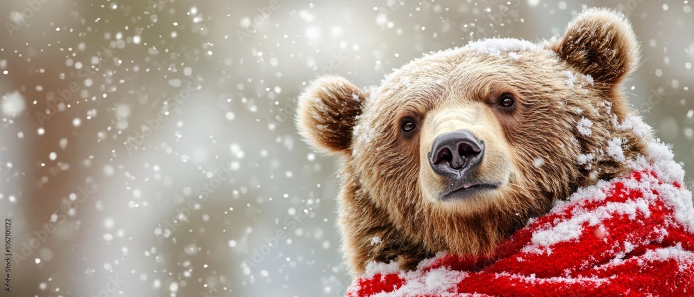A tight shot of a brown bear adorned with a red-and-white quilted blanket, flecked with snowflakes embedded in its thick fur A tight shot of a brown bear adorned with a red-and-white quilted blanket, flecked with snowflakes embedded in its thick fur