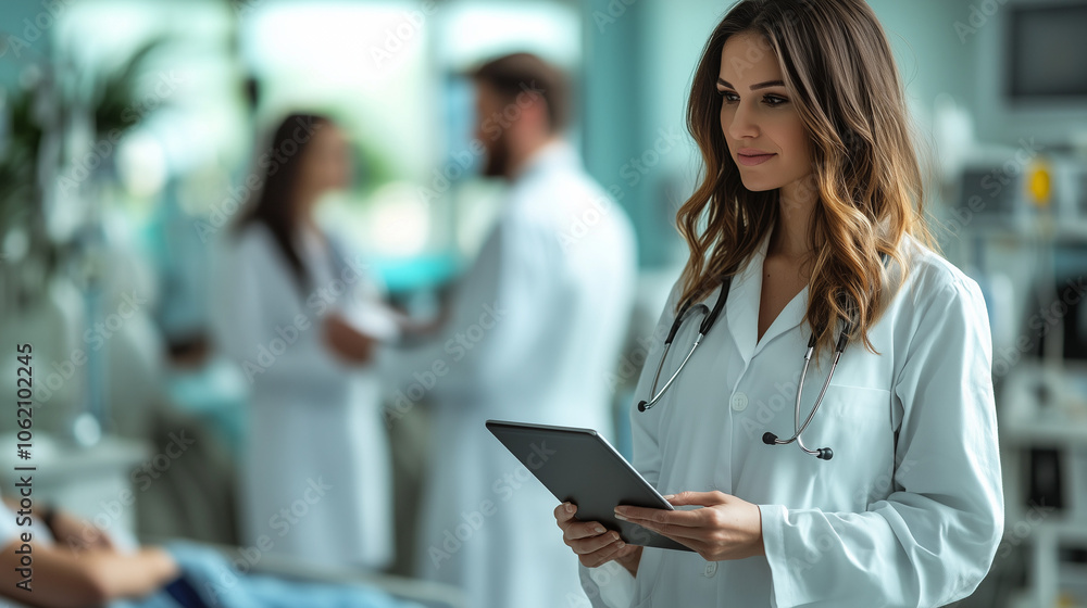 Medical Professional In Lab Coat Holding Tablet In Clinical Setting Medical Professional In Lab Coat Holding Tablet In Clinical Setting