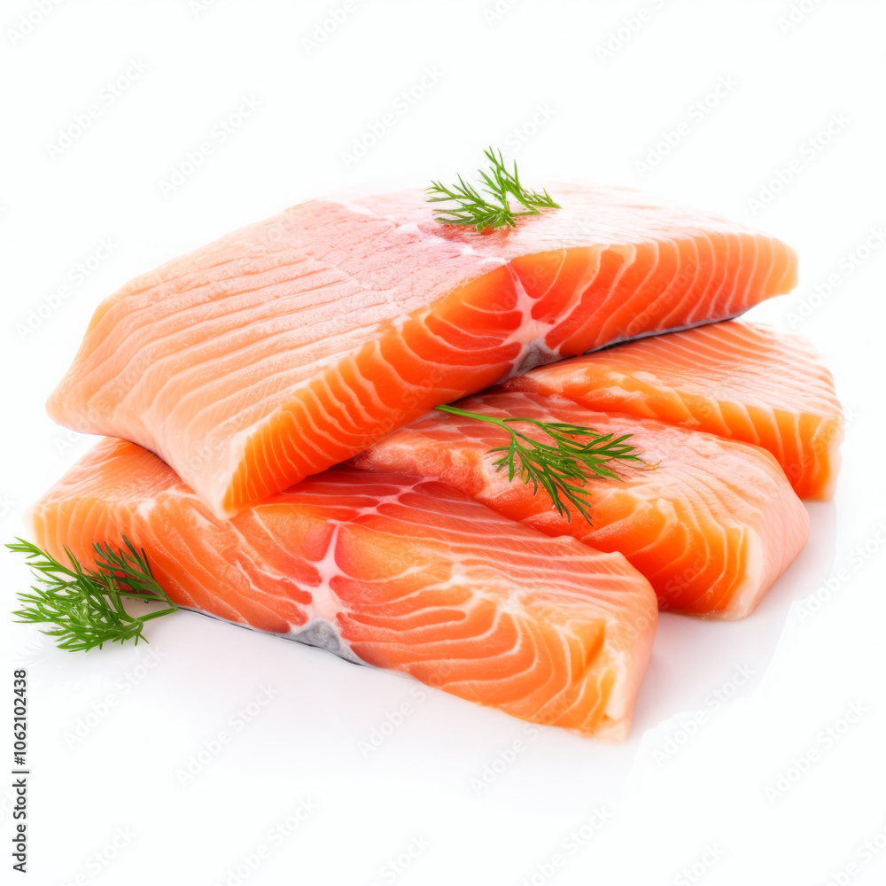 Fresh salmon fillets garnished with dill ready for cooking in the kitchen Fresh salmon fillets garnished with dill ready for cooking in the kitchen