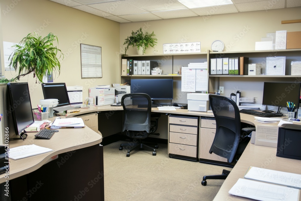 Clean office visual with desks, chairs, notebooks and plants Clean office visual with desks, chairs, notebooks and plants
