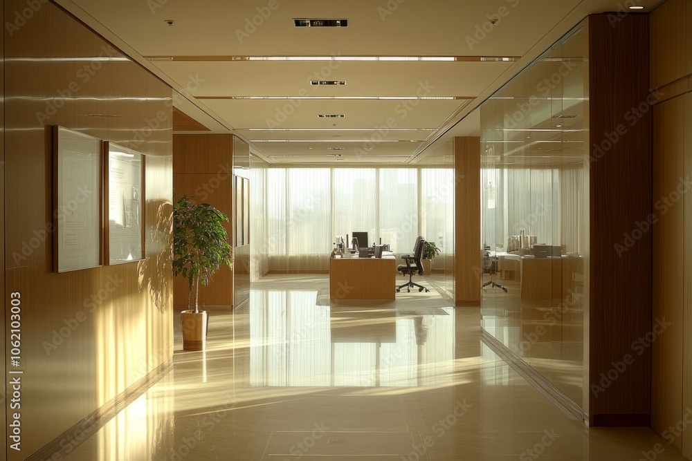 Fototapeta premium Clean office visual with desks, chairs, notebooks and plants