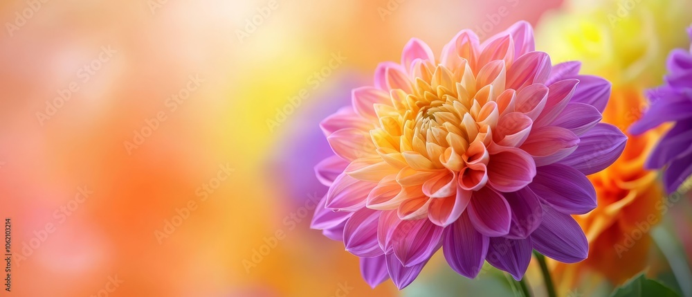 Obraz premium A tight shot of assorted blooms against an orange, yellow, pink, and purple backdrop