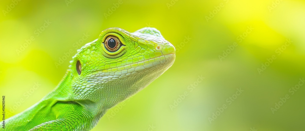 Fototapeta premium A tight shot of a green lizard's head against blurred yellow and green foliage backdrop