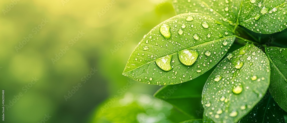 A tight shot of a wet green leaf with sun rays peeking through as the backdrop A tight shot of a wet green leaf with sun rays peeking through as the backdrop