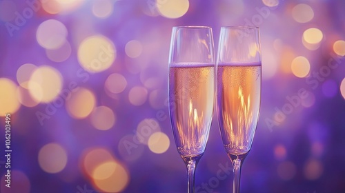 A celebratory toast with champagne glasses, set against a purple and gold bokeh, ideal for New Year or special occasions.