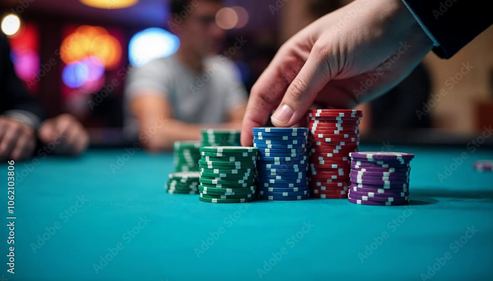 A close-up showcases a hand arranging vibrant poker chips, emphasizing precision in gambling.
A close-up showcases a hand arranging vibrant poker chips, emphasizing precision in gambling.
