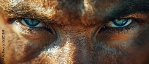  A tight shot of an animal's face, its features softened by a hazy effect, revealing distinctly blue eyes photo