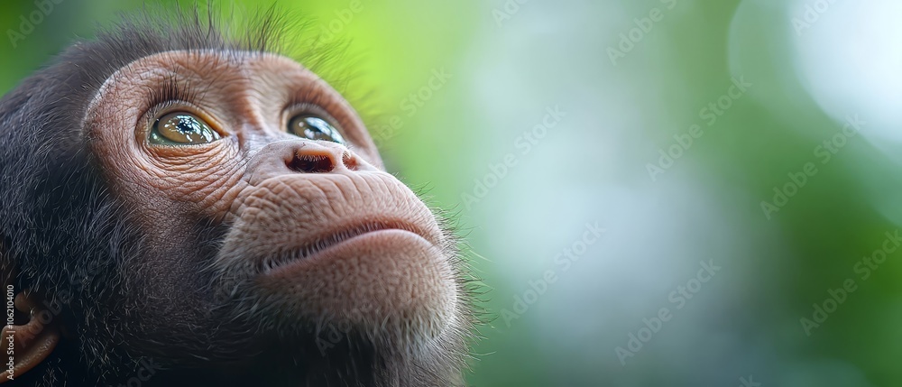 A monkey gazes at the sky in a tight shot, surrounded by a hazy, green background A monkey gazes at the sky in a tight shot, surrounded by a hazy, green background