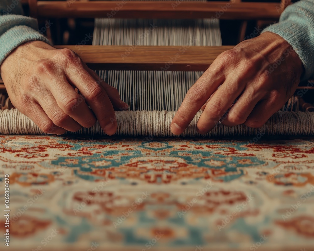 Artisan Hands Weaving White Cord on Wooden Loom, Traditional Craftsmanship Closeup, Warm Earthy Tones, Textile Artistry Concept Artisan Hands Weaving White Cord on Wooden Loom, Traditional Craftsmanship Closeup, Warm Earthy Tones, Textile Artistry Concept