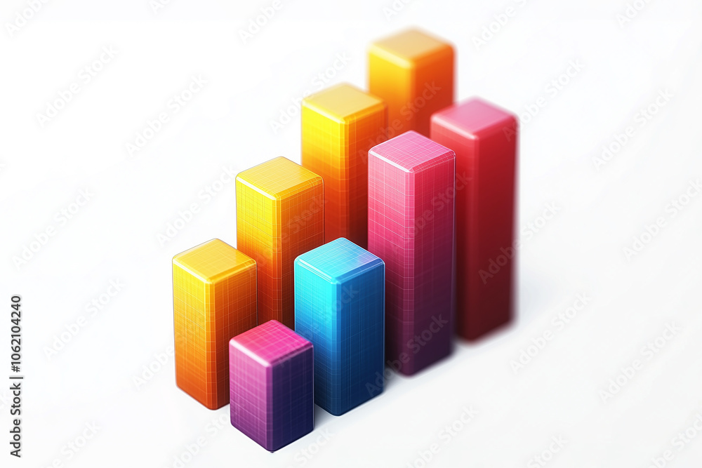 Modern 3D bar chart showcasing bright, colorful cubes in vertical form placed on a sleek white surface. For business chart and 3D bar chart themes. Modern 3D bar chart showcasing bright, colorful cubes in vertical form placed on a sleek white surface. For business chart and 3D bar chart themes.