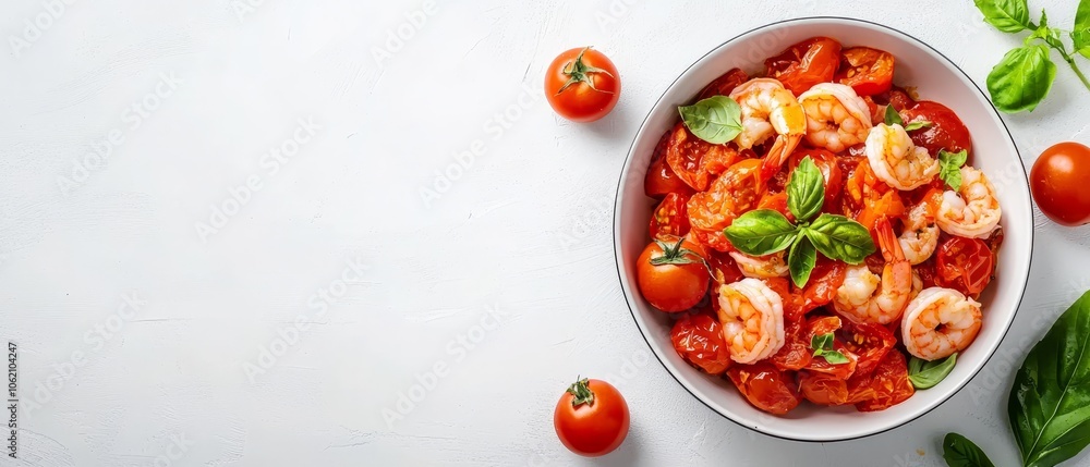 A bowl of shrimp on a white surface, topped with tomatoes and basil leaves Tomatoes and basil in the background A bowl of shrimp on a white surface, topped with tomatoes and basil leaves Tomatoes and basil in the background