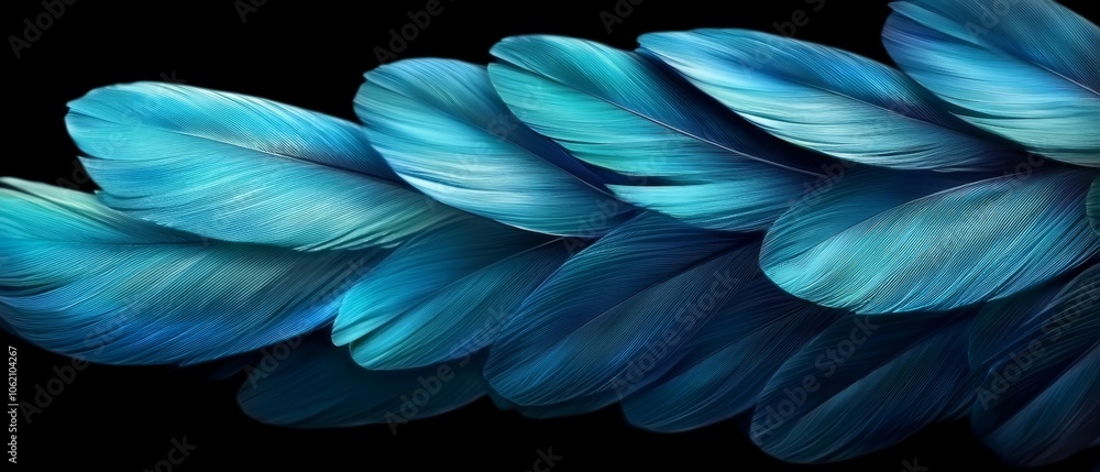 Close-up of a single blue feather against a black background, with its reflection mirrored on the feather's reverse Close-up of a single blue feather against a black background, with its reflection mirrored on the feather's reverse