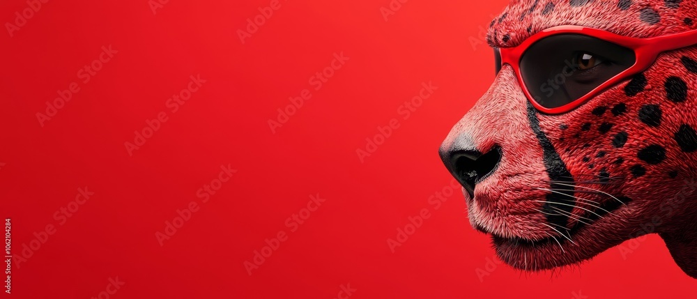 Naklejka premium A tight shot of a cheetah donning red goggles and sunglasses