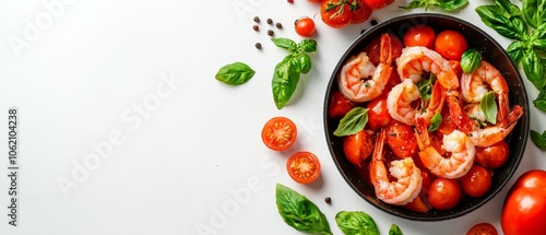  A bowl of shrimp, tomatoes, and basil on a white surface Basil and additional tomatoes beside it