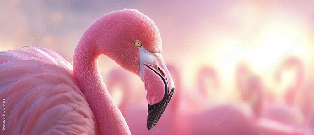 Naklejka premium A tight shot of a pink flamingo against a backdrop of indistinct flamingos