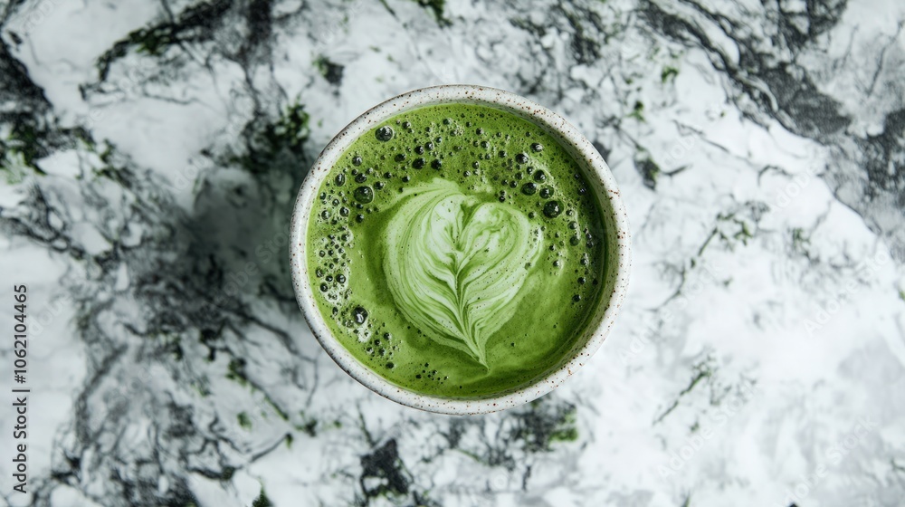 Obraz premium A protein-rich algae-based smoothie bowl featuring chlorella, banana, and almond milk, topped with chia seeds and fresh berries, offering a delicious and nutritious meal packed with superfoods