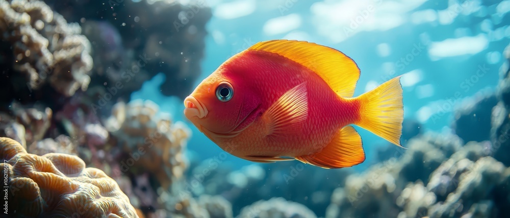 A tight shot of a red-and-yellow fish against a backdrop of intricate corals and clear, blue water A tight shot of a red-and-yellow fish against a backdrop of intricate corals and clear, blue water