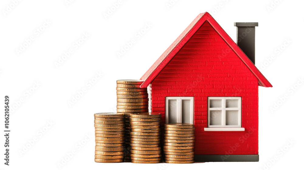 Red Model House with Stacked Coins for Investment Concept Red Model House with Stacked Coins for Investment Concept