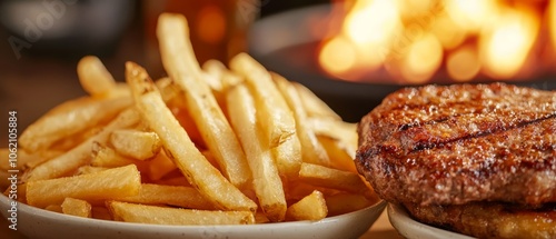  A hamburger and French fries are placed before an open firefire pit in a restaurant photo